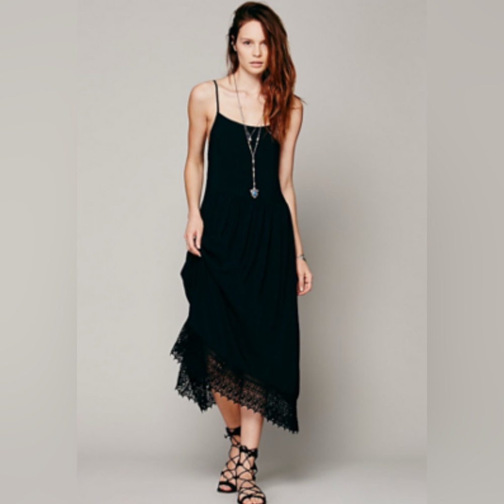 ⭐️Free People Black Asymmetrical Tiered Slip Dress